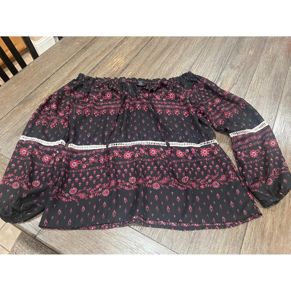 Rue21 Womens Medium Black Pink Floral Boho Off Shoulder Peasant Blouse Top